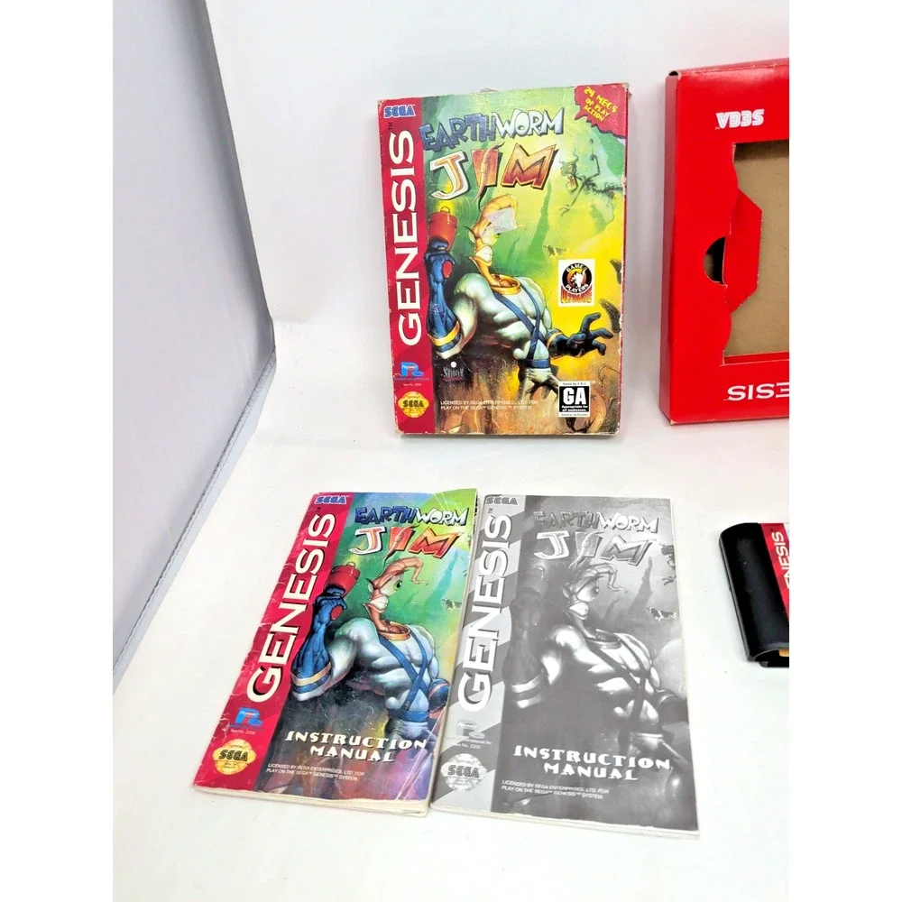 Lot 2 Earthworm Jim 1 + 2 - Sega Genesis Cardboard Box, & Cartridge, Manual